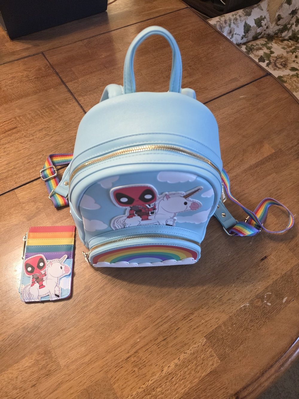 Loungefly Light Blue Deadpool & Unicorn Rainbow Mini Backpack & Matching Wallet